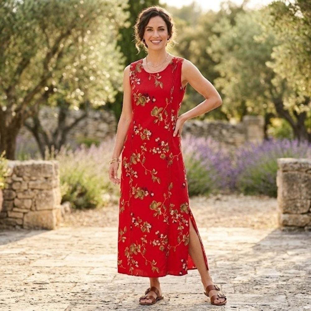 99s Sag Harbor Pintuck Floral Sleeveless Dress Red Side Slit 14P Vintage Petite